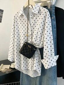 SHEIN Franclia 女款寬鬆翻領落肩單排扣袖口長袖通勤襯衫，白色黑色波點印花女式襯衫 - 黑與白 - 查看 1
