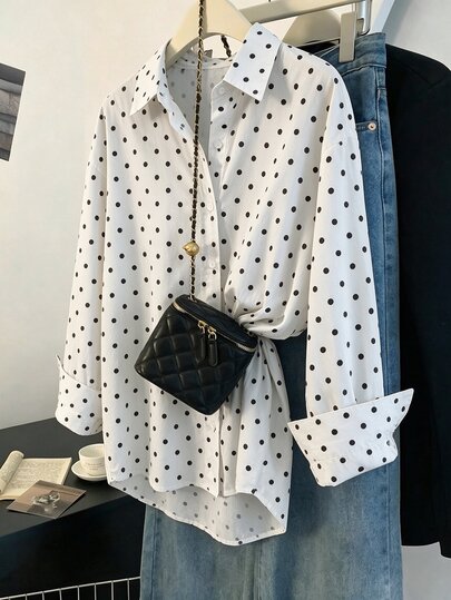SHEIN Franclia قميص نسائي فضفاض بياقة عريضة وأكتاف منسدلة وأزرار أمامية وأكمام طويلة مع أساور، بلوزة نسائية للعمل بطبعة نقاط بيضاء وسوداء