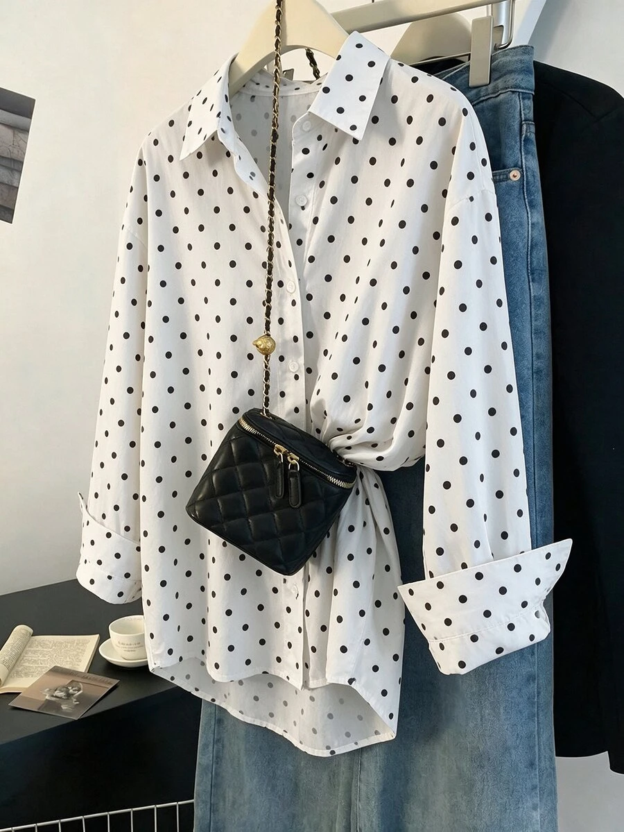 SHEIN Franclia 女款寬鬆翻領落肩單排扣袖口長袖通勤襯衫,白色黑色波點印花女式襯衫 - 黑與白 - 查看 1