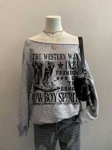 Slaydiva Light Gray Women's Off-Shoulder Loose Casual Long Sleeve Sweatshirt - Light Grey - View 2