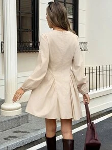 Serisse Women's Solid Color V-Neck Long Sleeve Button Design Lace Patchwork Dress - Apricot - View 2
