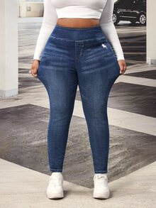 Slaydiva Plus Size Women's Casual Everyday Denim Jeans With Equestrian Pattern - Blue - View 3