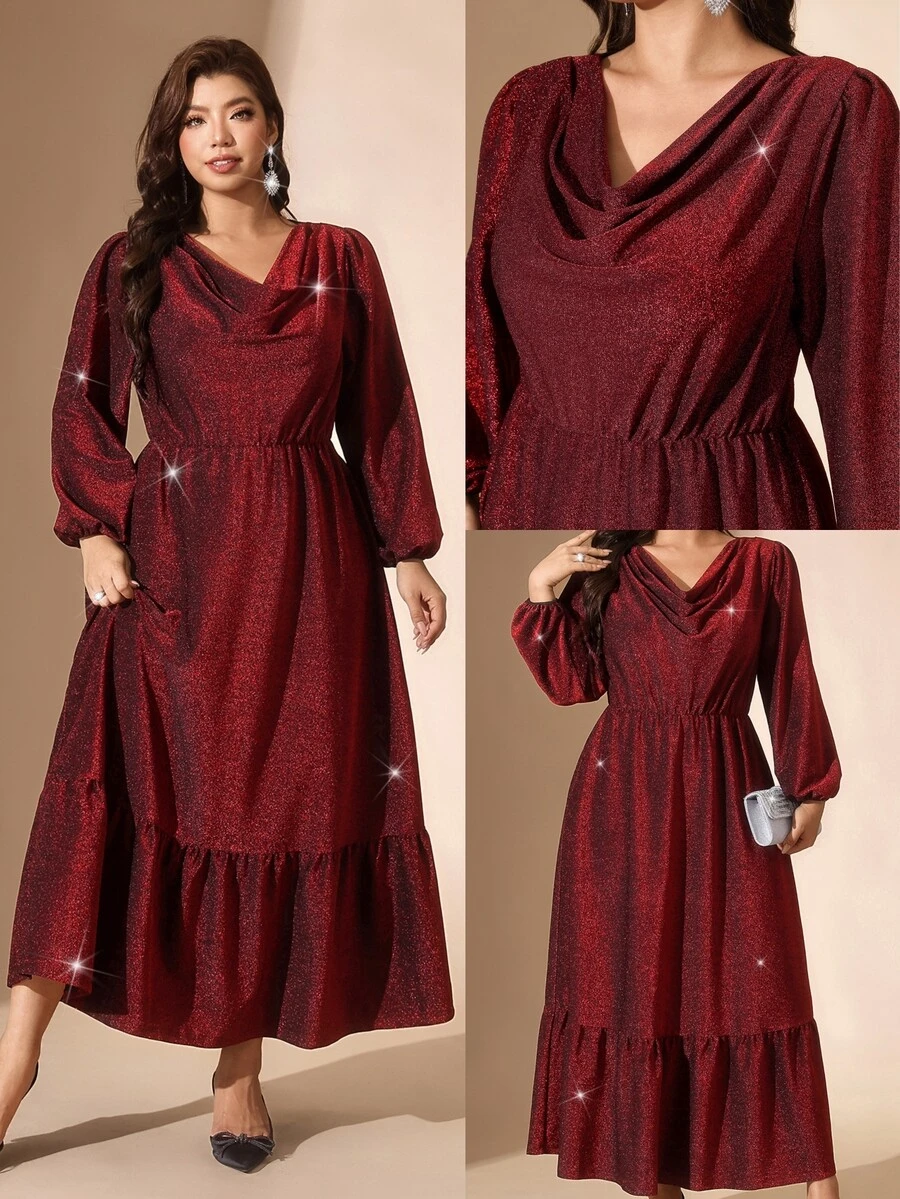 Comfylo Plus Size Elegant Party Glitter Cowl Neck Dress - Burgundy - View 1