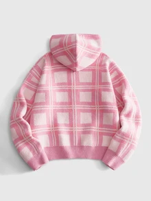 ROMWE MEN Men's Casual Streetwear Rose Red Plaid Hooded Cardigan Sweater - Pink - View 2