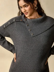 Nubod Plus Size Women's Asymmetrical Collar Button Pullover Knit Sweater - Dark Grey - View 4