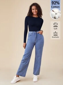 SHEIN BASICS 女款純色圓領長袖休閒連身衣T恤 - 藏蓝色 - 查看 4