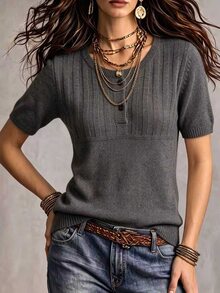 SHEIN Casual Loose Round Neck Short Sleeve Half-Placket Button Design Grey Women's Autumn Sweater,Women Fall Winter Sweater,Christmas,New Year,Social - Dark Grey - View 6