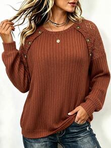 SHEIN LUNE CURVE Women's Round Neck Lace Patchwork Long Sleeve Sweatshirt, Casual Outing Top, Autumn/Winter Fall - Redwood - View 6