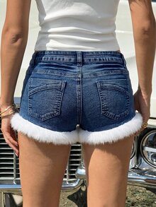Attitoon Women's Casual Daily Denim Shorts With Pocket, Button And Plush Patchwork - Light Wash - View 2
