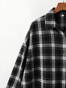 SHEIN LUNE 大尺碼女款格紋長袖單排扣休閒寬鬆襯衫 - 黑色 - 查看 3