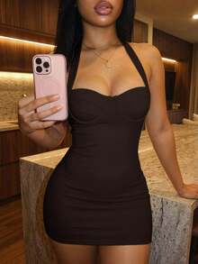 Slaydiva 女款純色休閒日常夏季掛脖迷你洋裝 - 棕色 - 查看 3