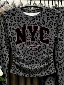 (1套) 青少年女孩秋季穿搭 NYC字母炭灰色豹紋抓皺腰長袖T恤上衣與寬腿長褲，休閒秋季服飾 - 彩色 - 查看 4