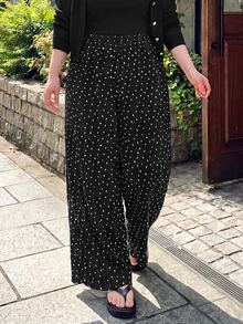 Bijouette Plus Size Women Polka Dot Print Elastic Waist Wide Leg Loose Long Pants - Black - View 4
