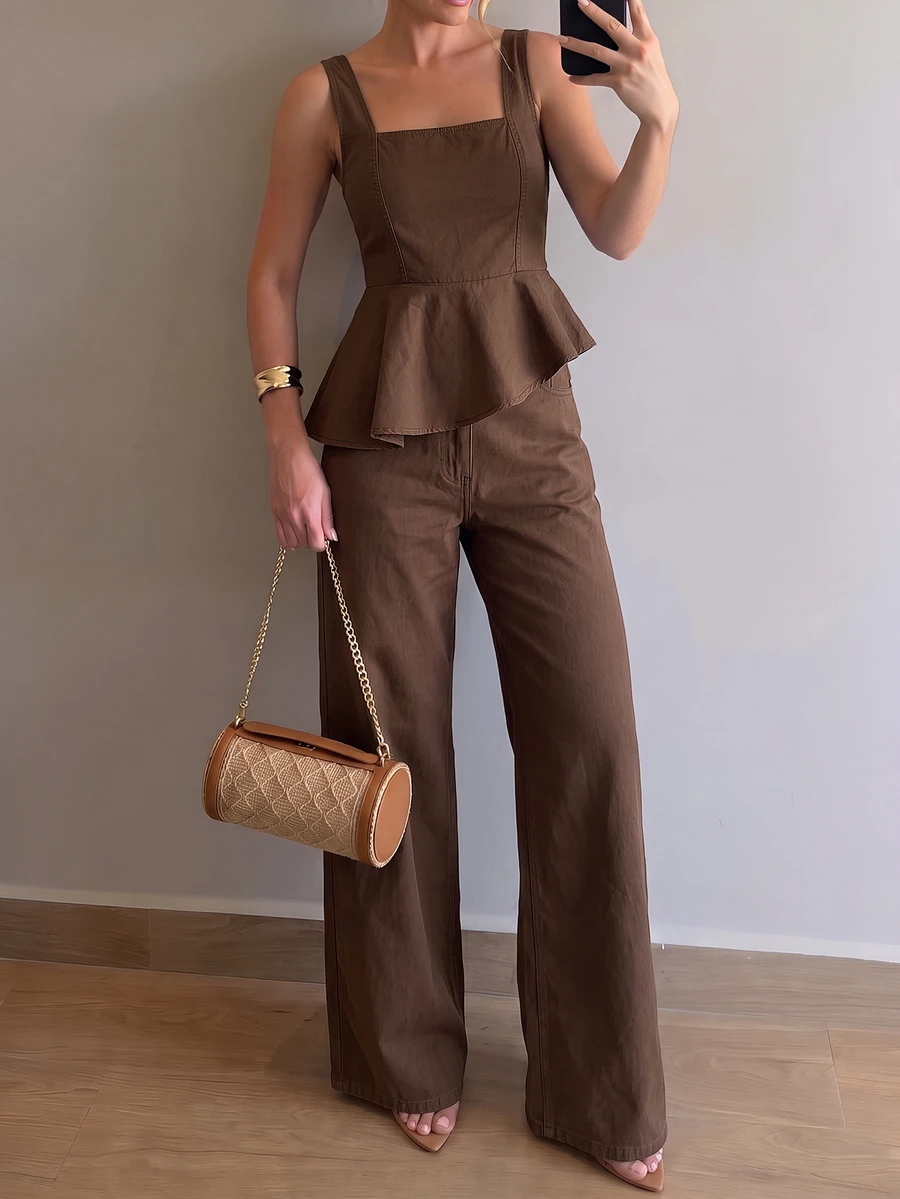 Firerie Bộ đồ denim nữ gồm áo sát nách cổ vuông gấu bèo nhún và quần dài - màu nâu - Xem 1