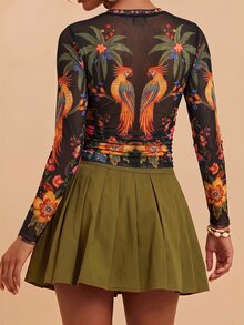 Travachic 女款棕櫚樹網紗圓領長袖修身性感上衣 - 彩色 - 查看 3