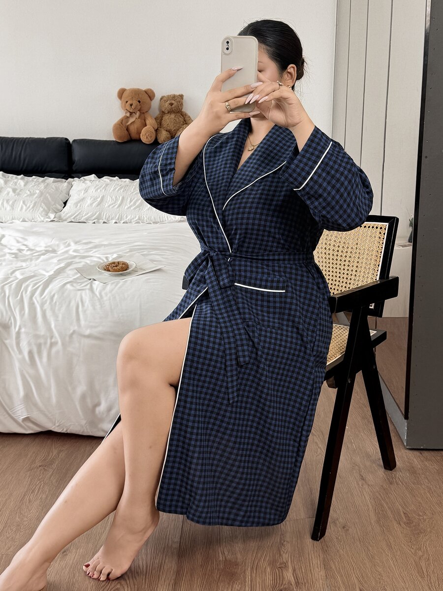 Napfluff CURVE Napfluff CURVE Minimalist Tie Waist Plaid Plus Size Loungewear Robe - Multicolor - View 1