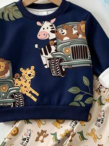 Infant Toddler Round Neck Casual Pullover Sweatshirt, Classic Cute Hand-Drawn Fairy Tale Animal World Pattern Print, Animal Protection Patrol , Leopard, Tiger, Lion, Zebra, Crocodile Pattern Print, Suitable For Autumn/Winter, Thermal Lined Thickened - Multicolor - View 4