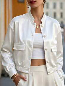 SHEIN Raffinéa Jaket Wanita Lengan Panjang Kerah Tegak dengan Hiasan Kancing Mutiara Warna Polos, Musim Semi/Gugur - Putih - View 4