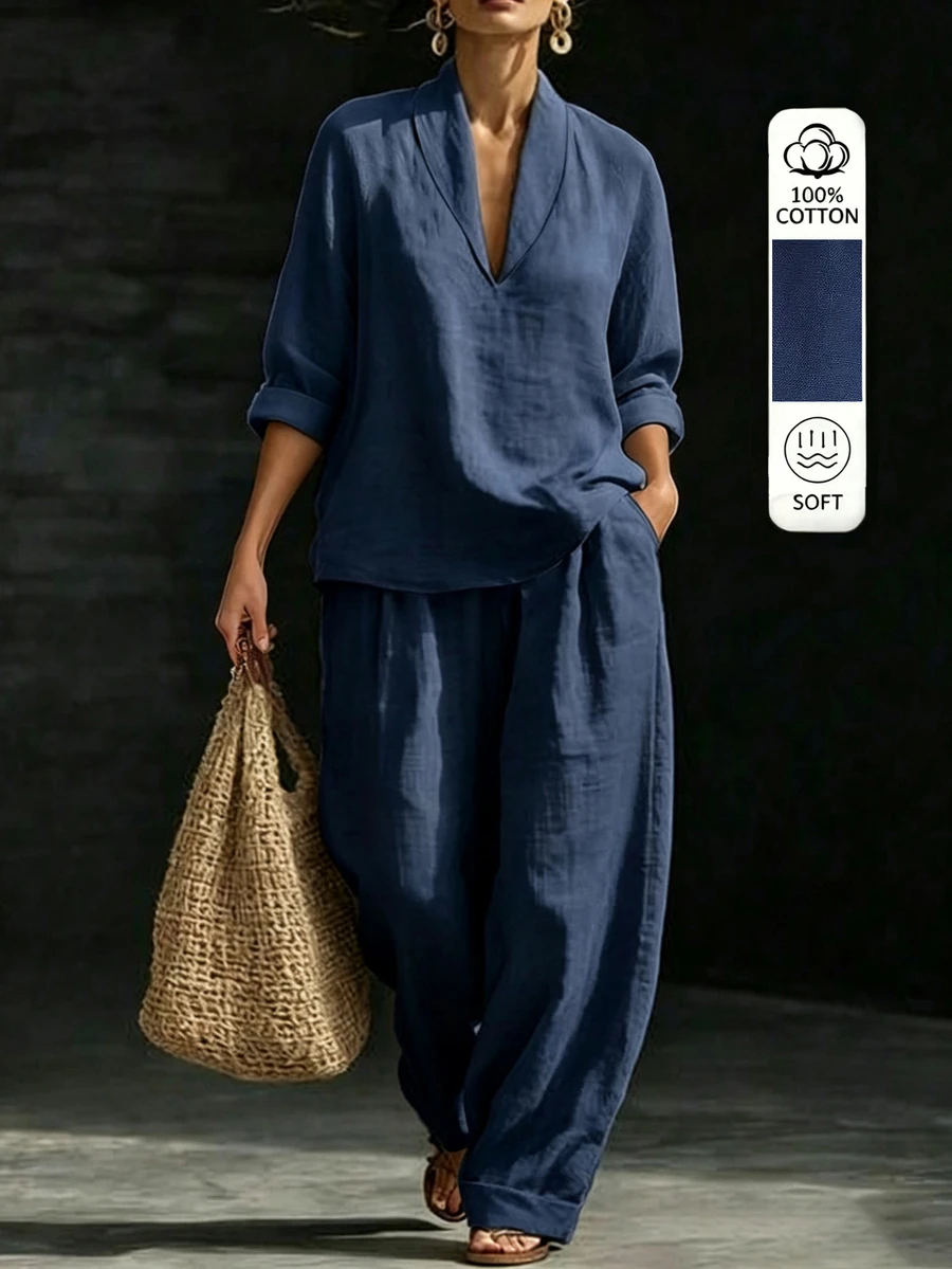 Linhara CURVE Plus Size Women's Navy Blue Commuter 2 Pieces Set, Lapel Collar 3/4 Sleeve Top And Wide Leg Pants Casual Outfit Autumn Formal Vacation Fall - Navy Blue - View 1