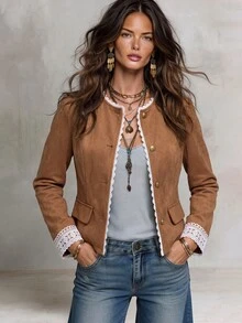 Louniche Women's Contrast Lace Metal Single-Breasted Fashion Jacket - Khaki - View 3
