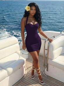 Slaydiva Women's Solid Color Casual Daily Summer Halter Neck Mini Dress - Purple - View 7