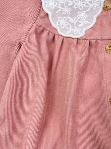 SHEIN 女嬰彼得潘領拼接鈕扣前襟可愛鴨子刺繡圖案長袖寬鬆燈芯絨洋裝，適合冬季 - 粉色 - 查看 8