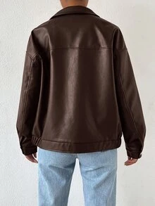 SHEIN EZwear 秋冬款落肩拉鍊PU短版皮夾克 - 巧克力棕 - 查看 2