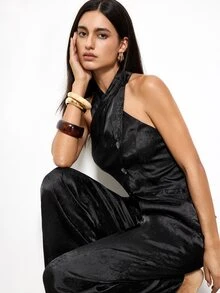 Maija Women's Jacquard Rhinestone Single-Breasted Halter Top And Long Pants Elegant Two Pieces Set,Going Out Outfits, Work Outfits For Women,Fall Clothes - Black - View 6
