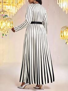Fleurora Plus Size Women's Elegant Striped Dress With Overlap V-Neck And Waist Tie Fall - Black and White - View 2