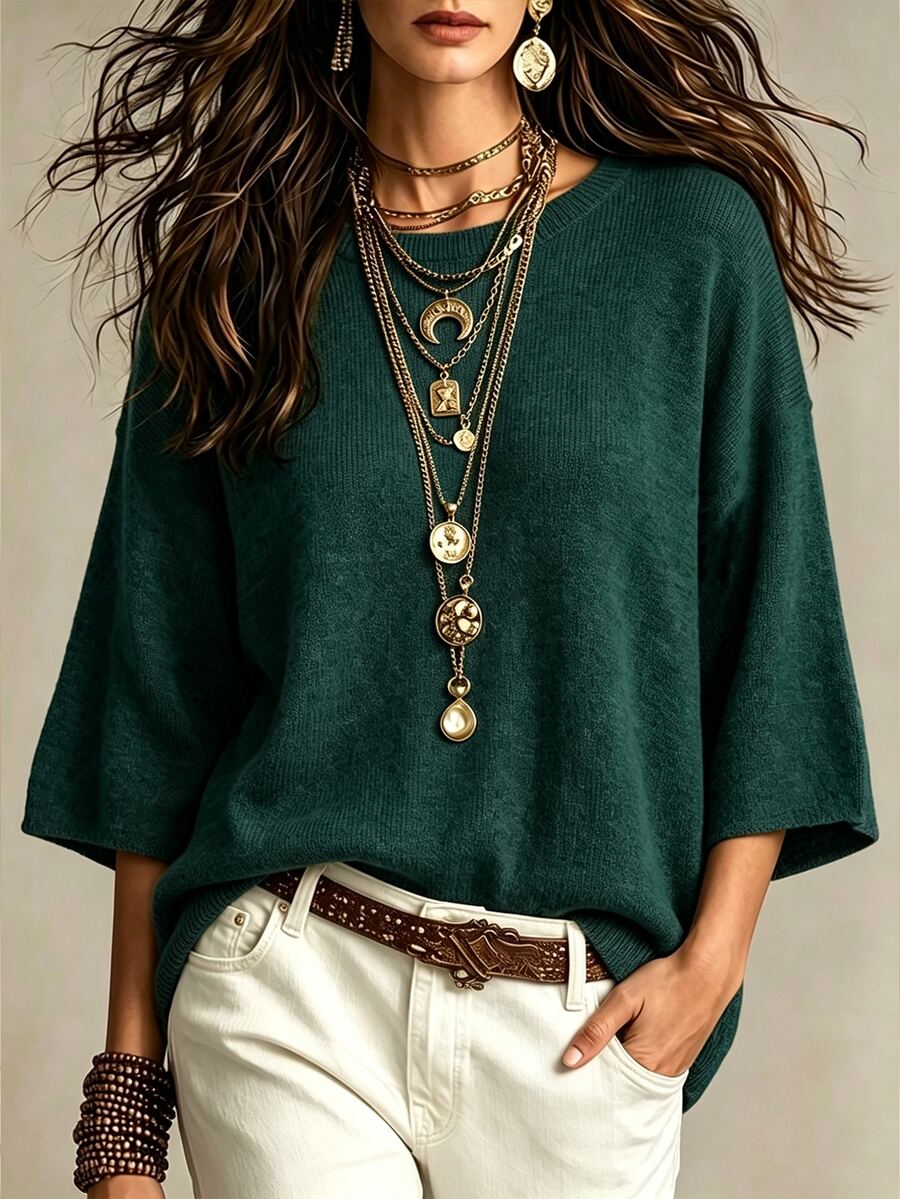 SHEIN Casual Loose Round Neck 3/4 Sleeve Knit Basic Batwing Sleeve Design Gray Women's Spring/Autumn Knit Top - Dark Green - View 1