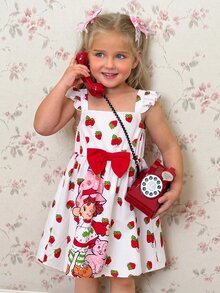 Strawberry Shortcake X SHEIN Young Girl Bow Decor Flutter Sleeve Dress - White - View 6