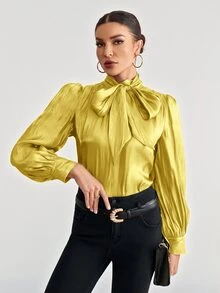 Aveloria Modichic 女款純色綁帶領燈籠袖襯衫，鈕扣開襟上衣，度假派對穿搭 - 金色 - 查看 6