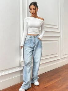 Flirla 女款素色不對稱肩長袖抓皺修身時尚T恤 - 白色 - 查看 5