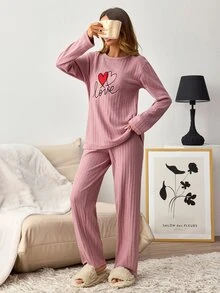 SHEIN Women Heart Embroidery Ribbed Crew Neck Long Sleeve Top And Straight Leg Pants 2-Piece Casual Pajama Set - Dusty Pink - View 3