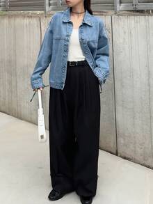 FRIFUL Jaket Denim Kasual Wanita Kancing Tunggal untuk Sehari-hari - Biru - View 3