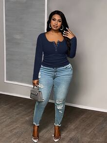 Slaydiva Plus Size Casual All-Match White Slim Fit With Deep U-Neck Long Sleeve T Shirt-C - Navy Blue - View 4