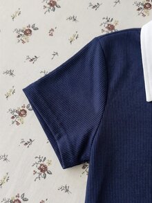 青少年女孩白色純色休閒極簡半鈕扣 Polo 領修身短袖 T-shirt - 藏蓝色 - 查看 5