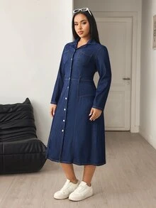 Flexra Plus Size Women's Casual Elegant Stretch Denim Dress - Dark Wash - View 3
