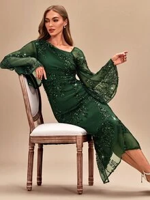 Amorya Women's Solid Color Sequin Asymmetric Neckline Mesh Flare Sleeve Elegant Long Dress - Dark Green - View 7