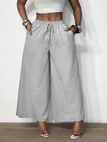 BamGleam Celana Jogger Abu-abu Model Lebar dengan Pinggang Tinggi dan Tali Serut, Longgar, Ramping, dan Jatuh, Kasual - Grey - View 4