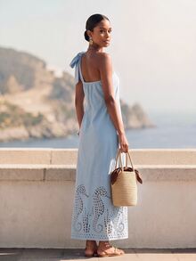 CAJUNI One-Shoulder Maxi Dress With Tie Detail And Laser-Cut Hem - Blue - View 2