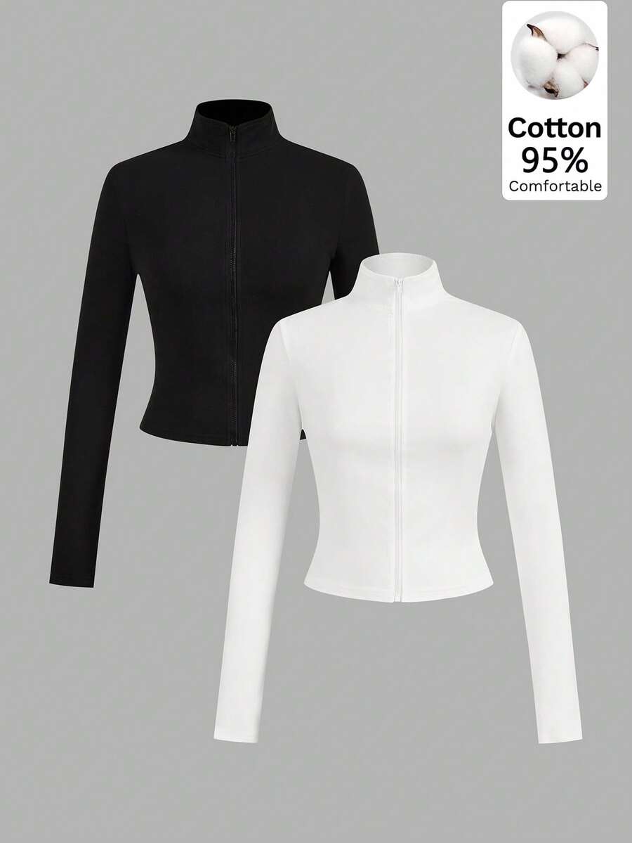 SHEIN EZwear 2件組女款純色拉鍊門襟長袖修身休閒T恤 - 彩色 - 查看 1