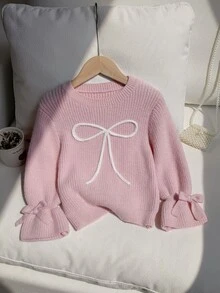 SHEIN كنزة صوفية للبنات بلون الشوفان مصنوعة يدويًا من الكروشيه بتريكو سميك، بياقة مستديرة، أسلوب خريفي/شتوي، بتفاصيل أنيقة وعصرية من الكشكشة على شكل زهرة اللوتس عند الحافة والأكمام - متعدد الألوان - مشاهدة 5