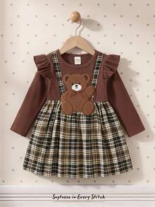 Cozy Pixies Baby Girl Baby Girl Casual Daily Comfortable Embroidered 2 In 1 Round Neck Pullover Dress - Brown - View 1