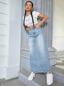 SHEIN PETITE Women's Casual Daily Denim Skirt With Pockets And Buttons - Blue - View 4