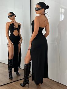 SHEIN ICON Women's Halter Neck Tie Waist Hollow Out High Slit Black Bodycon Dress - Black - View 3