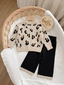 SHEIN 女嬰豹紋針織圓領休閒開襟衫與修身喇叭褲 2 件套 - 彩色 - 查看 2