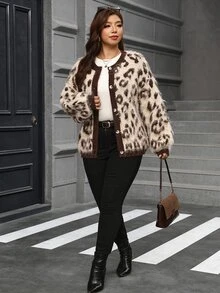 SHEIN Clasi Plus Size Leopard Print Contrast Color Drop Shoulder Long Sleeve Knit Cardigan, Autumn/Winter Chic Unique - Brown - View 4