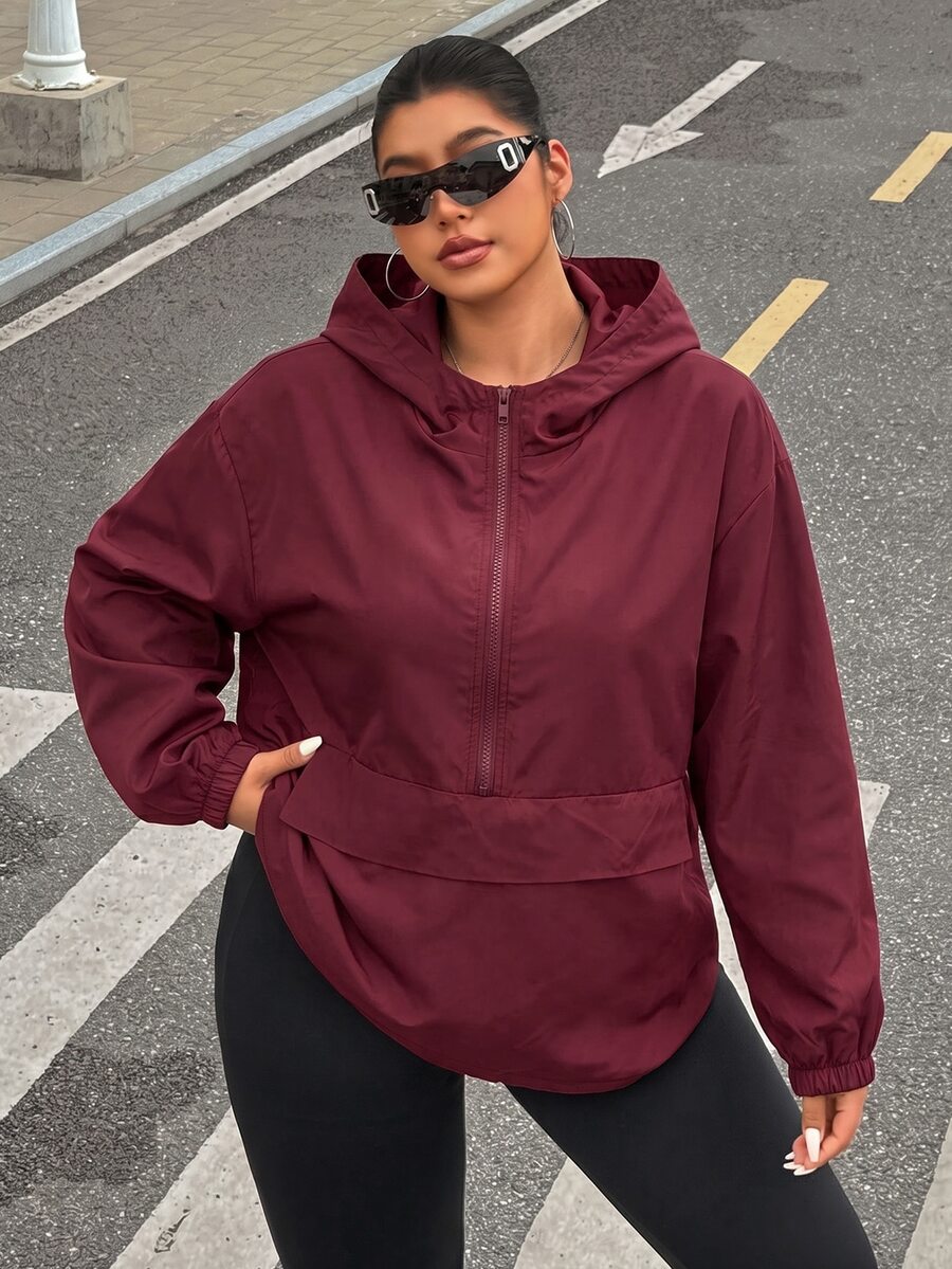 Muchica Burgundy Plus Size Women's Drop Shoulder Long Sleeve Hooded Jacket - Burgundy - View 1