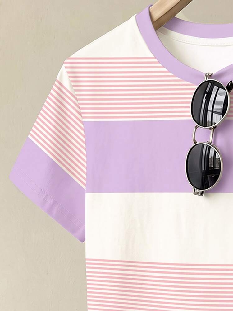 Teen Girls Casual Comfortable Pink Striped 3D Floral Pattern Loose Round Neck T-Shirt & Loose Shorts 2 Pieces Set, Suitable For Daily Wear, Outings, Campus, Back To School, Girly Style, Chill Chill, Sweet Cool Lazy, Relaxed Fashion - Multicolor - View 5
